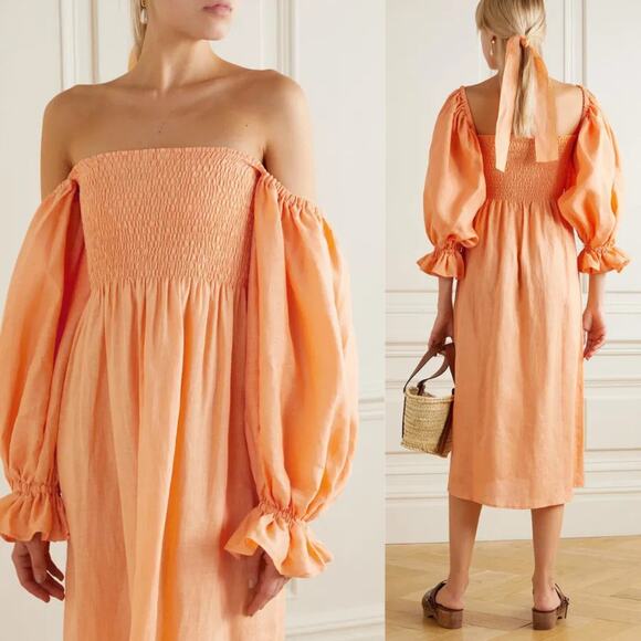 SLEEPER Atlanta Linen Off-Shoulder Midi Dress Coral Orange Size Medium NWT - Picture 3 of 12